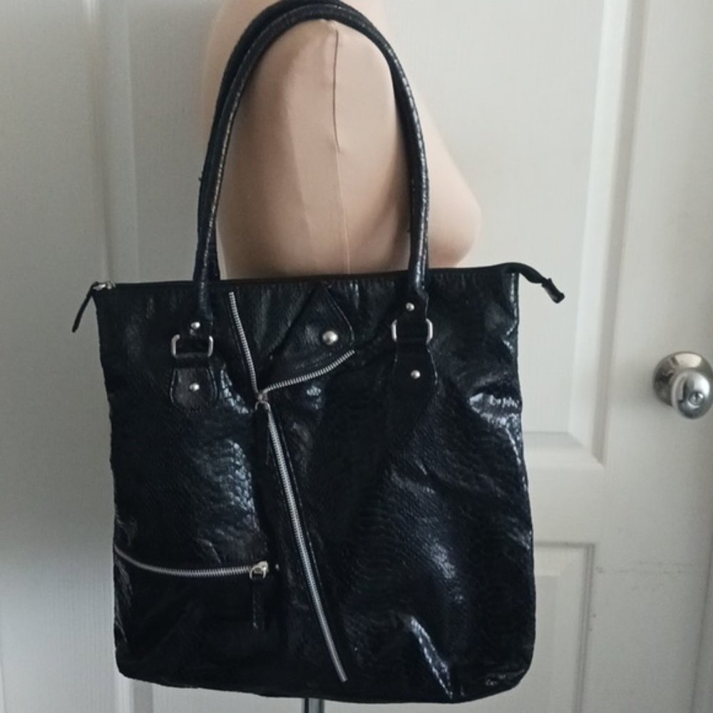 Black Shiny Snake skin embroidered Zip and Studs Tote Handbag
